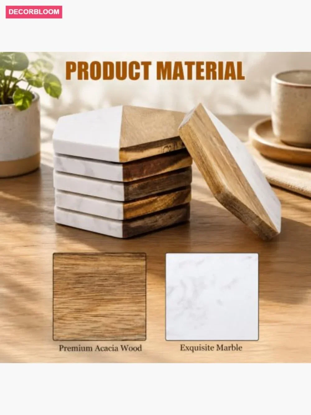 Set of 6 Hexagon Marble Wood Coasters for Drinks and Beverages